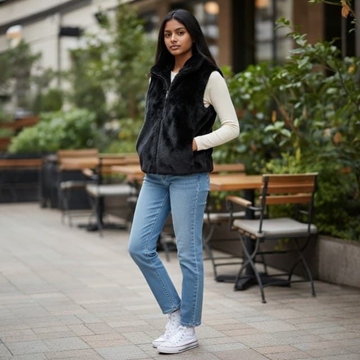 Chaleco de Pelo Sintético Negro con Cuello Alto y Cremallera - 3DESY. - Imagen 2